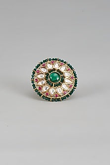 Gold Finish Green Stone & Pearl Ring