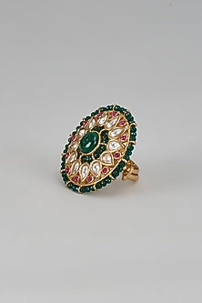 Gold Finish Green Stone & Pearl Ring