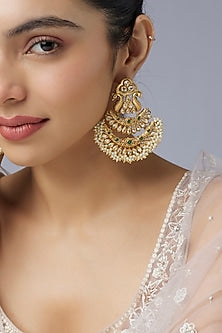 White Finish Green Stone & Moti Dangler Earrings