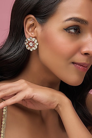 Gold Finish Uncut Stone Meenakari Stud Earrings