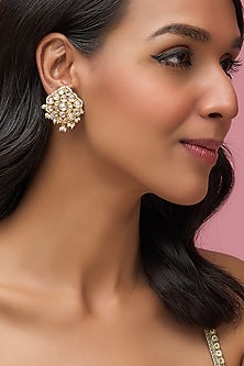 Gold Finish Pearl & Uncut Stone Stud Earrings