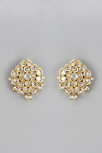 Gold Finish Pearl & Uncut Stone Stud Earrings