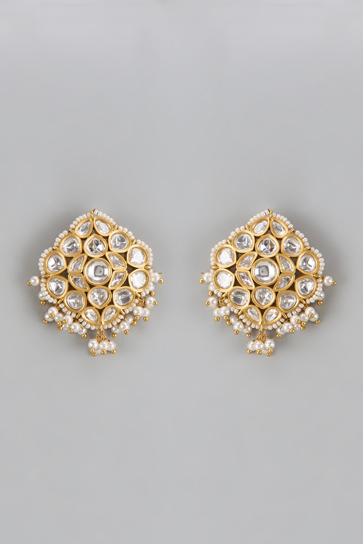 Gold Finish Pearl & Uncut Stone Stud Earrings