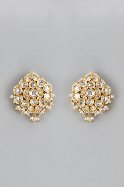 Gold Finish Pearl & Uncut Stone Stud Earrings