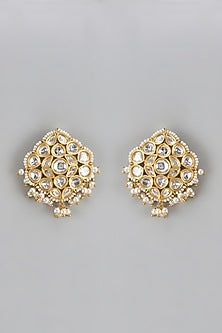 Gold Finish Pearl & Uncut Stone Stud Earrings