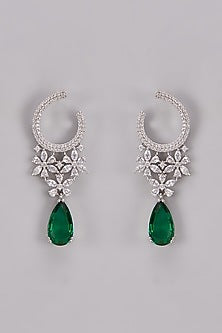 White Finish Emerald Stone & Diamond Dangler Earrings