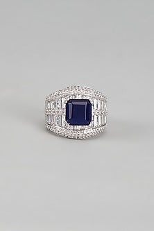 White Finish Blue Stone & Diamond Ring