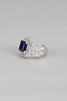 White Finish Blue Stone & Diamond Ring