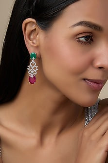 White Finish Emerald Stone & Diamond Dangler Earrings