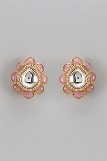 Gold Finish Peach Stone & Kundan Polki Stud Earrings