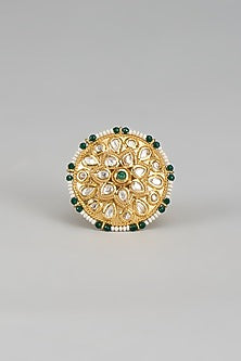 Gold Finish Emerald Stone & Kundan Polki Ring