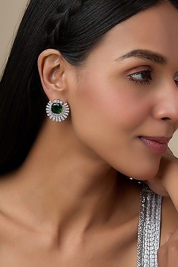 White Finish Emerald Stone & Diamond Stud Earrings