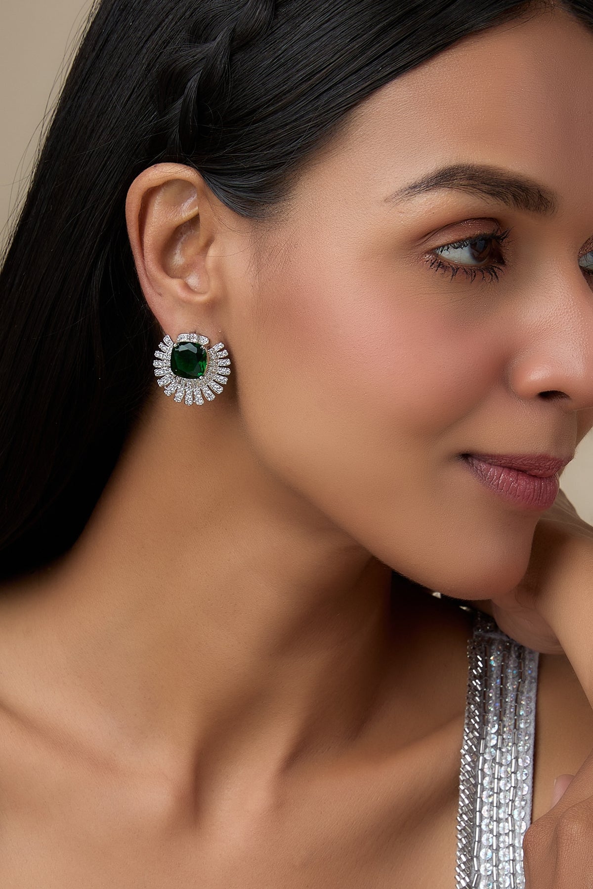 White Finish Emerald Stone & Diamond Stud Earrings