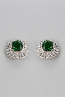 White Finish Emerald Stone & Diamond Stud Earrings