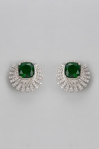 White Finish Emerald Stone & Diamond Stud Earrings