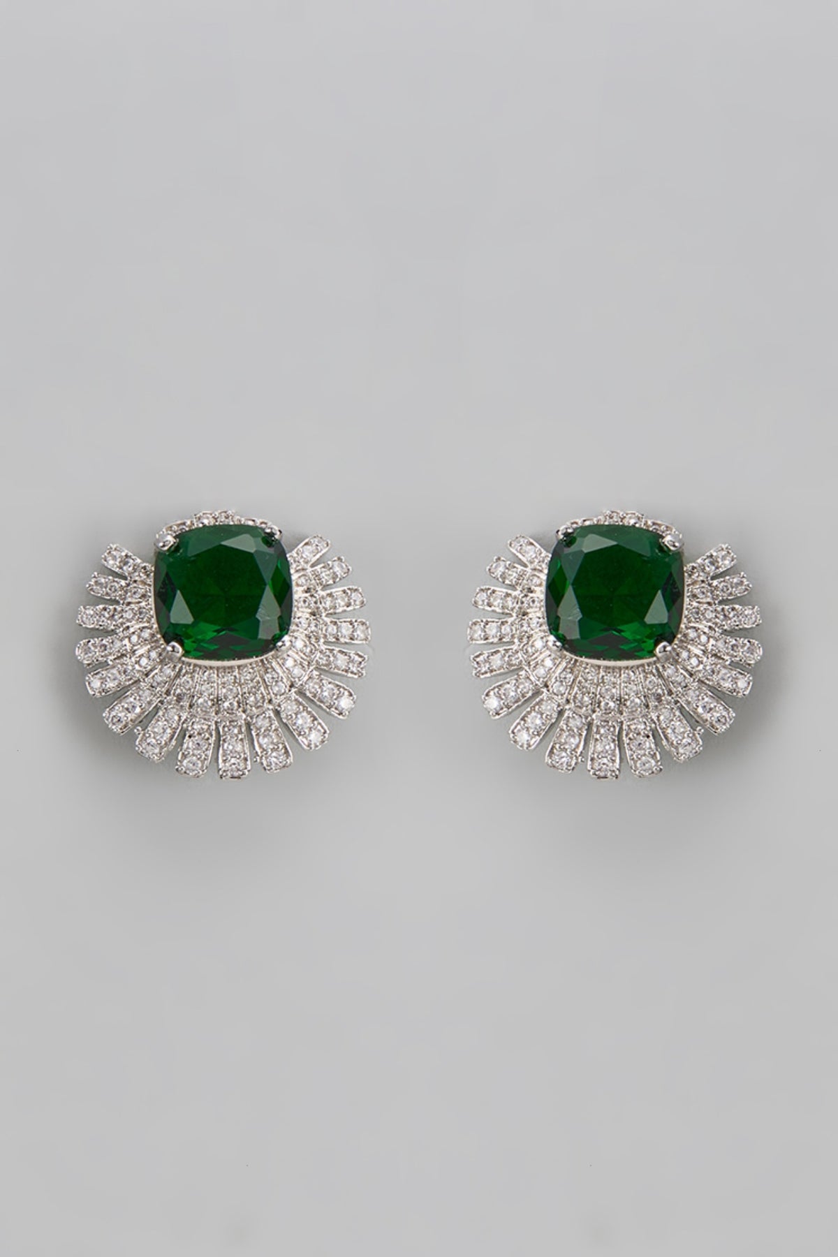 White Finish Emerald Stone & Diamond Stud Earrings