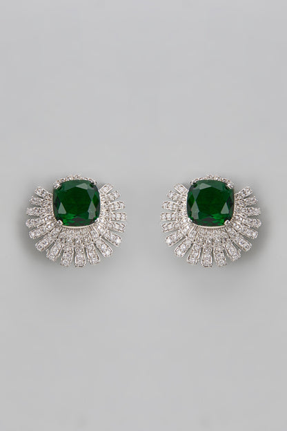 White Finish Emerald Stone & Diamond Stud Earrings