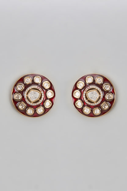 Gold Finish Kundan Polki & Uncut Stone Meenakari Stud Earrings