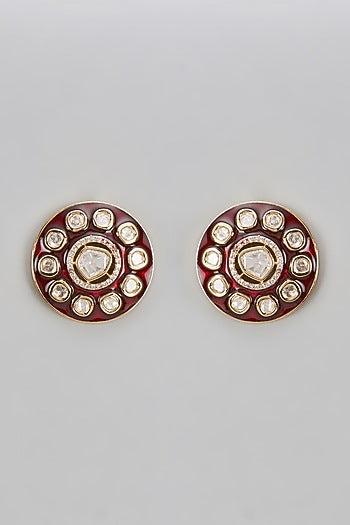 Gold Finish Kundan Polki & Uncut Stone Meenakari Stud Earrings