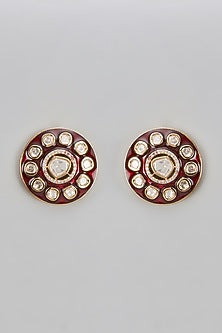 Gold Finish Kundan Polki & Uncut Stone Meenakari Stud Earrings