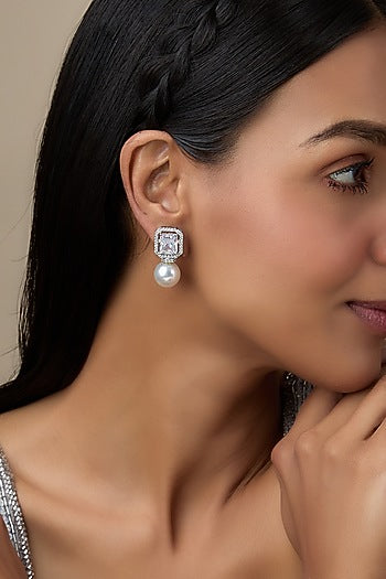 White Finish Pearl & Diamond Dangler Earrings