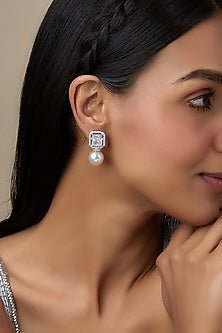 White Finish Pearl & Diamond Dangler Earrings