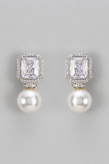 White Finish Pearl & Diamond Dangler Earrings