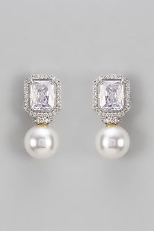 White Finish Pearl & Diamond Dangler Earrings