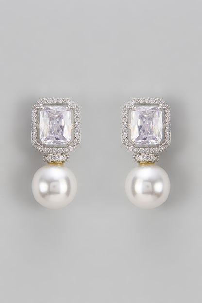 White Finish Pearl & Diamond Dangler Earrings