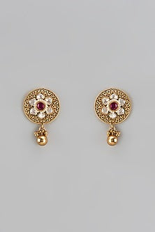 Gold Finish Ruby Stone & Ball Drop Stud Earrings