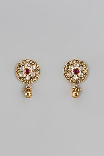 Gold Finish Ruby Stone & Ball Drop Stud Earrings