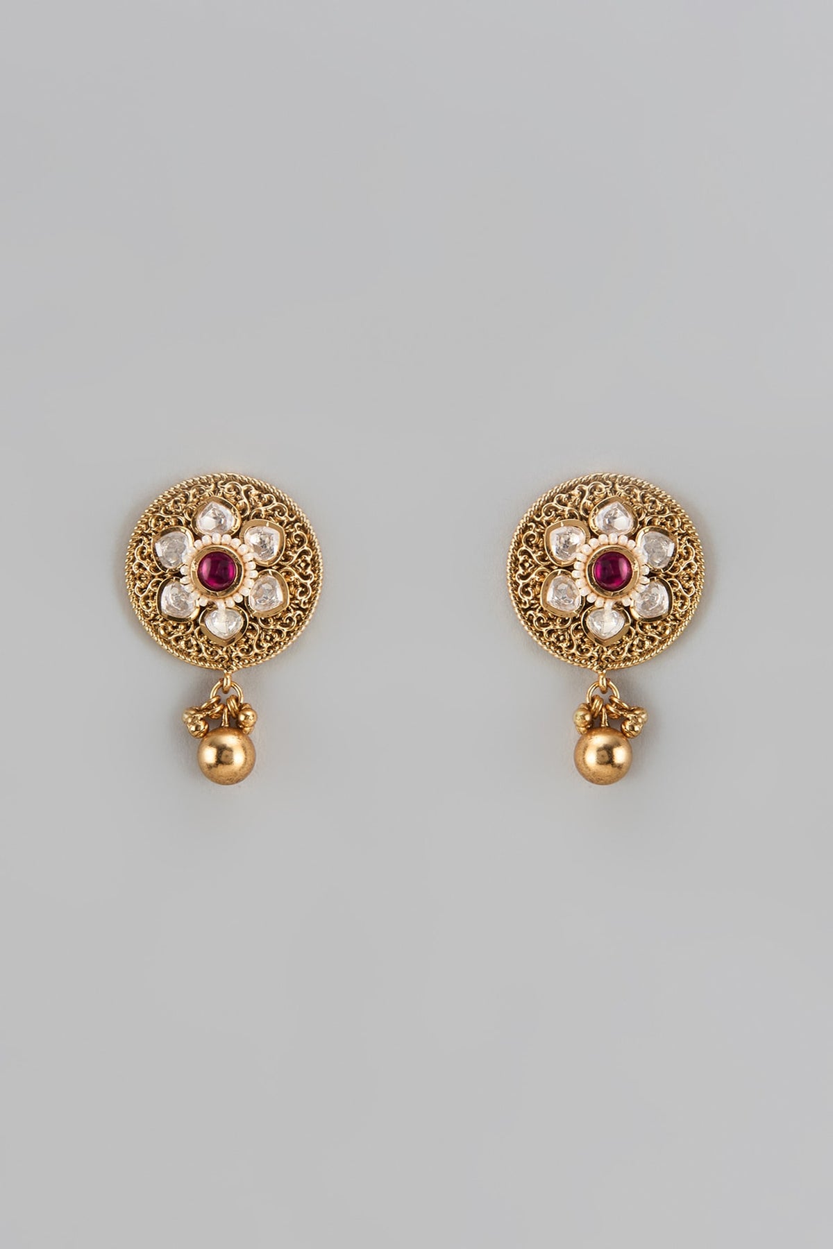 Gold Finish Ruby Stone & Ball Drop Stud Earrings