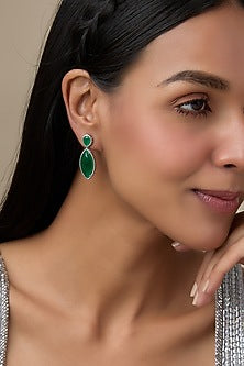White Rhodium Finish Emerald Stone Dangler Earrings