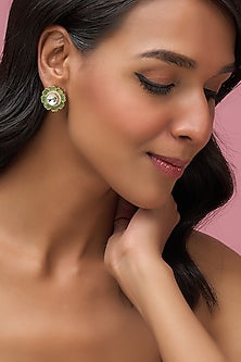 Gold Finish Green Stone & Kundan Polki Stud Earrings