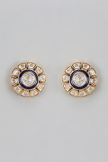 Gold Finish Kundan Polki & Uncut Stone Meenakari Stud Earrings