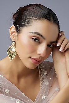 Gold Finish Uncut Stone & Moti Dangler Earrings