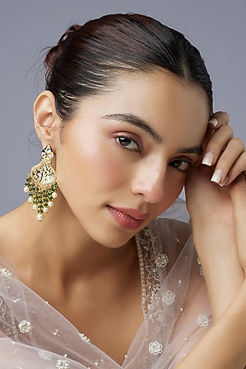 Gold Finish Uncut Stone & Moti Dangler Earrings