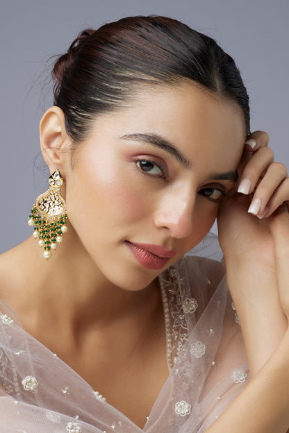 Gold Finish Uncut Stone & Moti Dangler Earrings