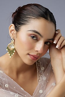 Gold Finish Uncut Stone & Moti Dangler Earrings