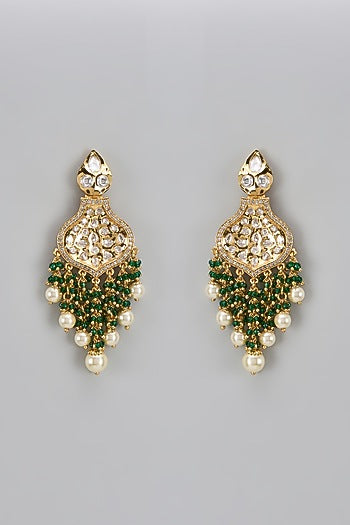 Gold Finish Uncut Stone & Moti Dangler Earrings