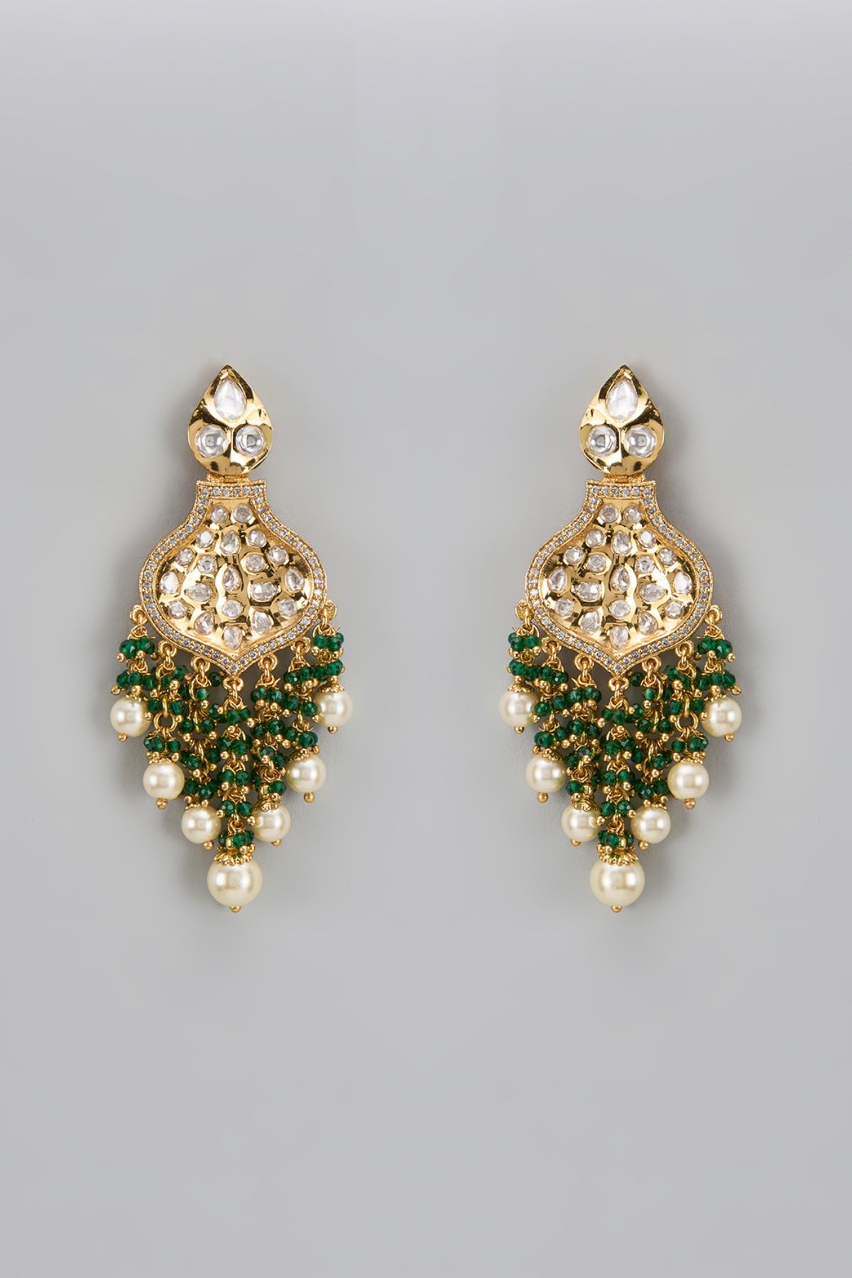 Gold Finish Uncut Stone & Moti Dangler Earrings