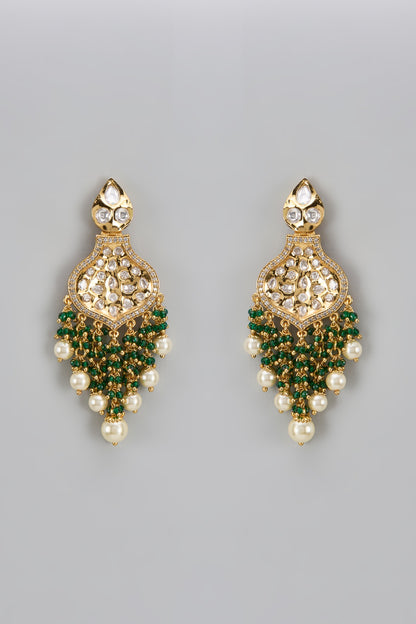 Gold Finish Uncut Stone & Moti Dangler Earrings