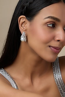 White Rhodium Finish Pearl & Diamond Dangler Earrings