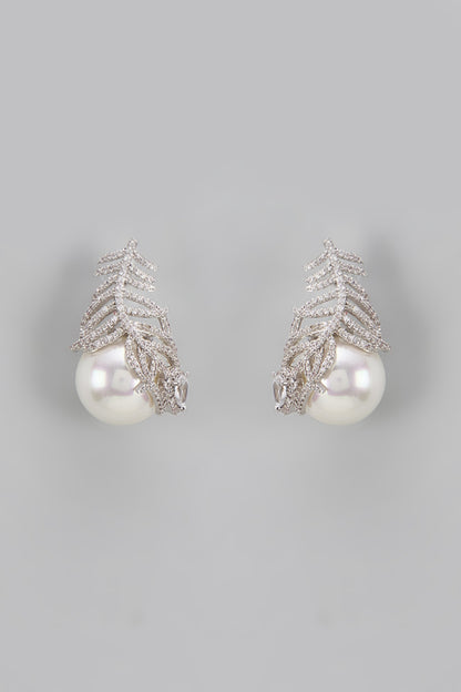 White Rhodium Finish Pearl & Diamond Dangler Earrings