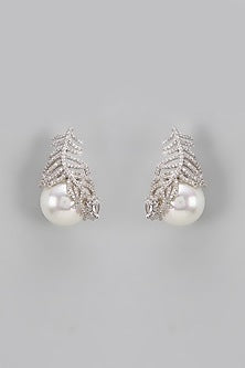 White Rhodium Finish Pearl & Diamond Dangler Earrings
