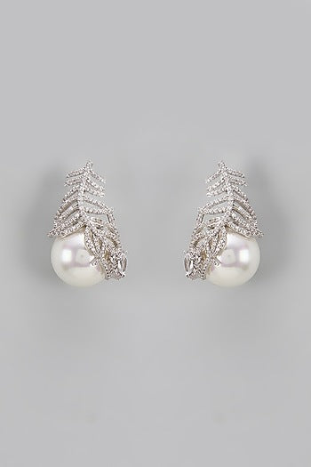 White Rhodium Finish Pearl & Diamond Dangler Earrings