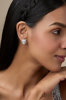 White Rhodium Finish Diamond Stud Earrings