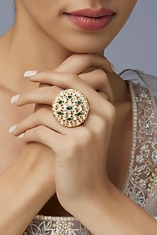 Gold Finish Green Stone & Kundan Polki Ring