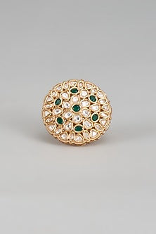 Gold Finish Green Stone & Kundan Polki Ring