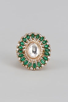 Gold Finish Kundan Polki & Green Stone Ring